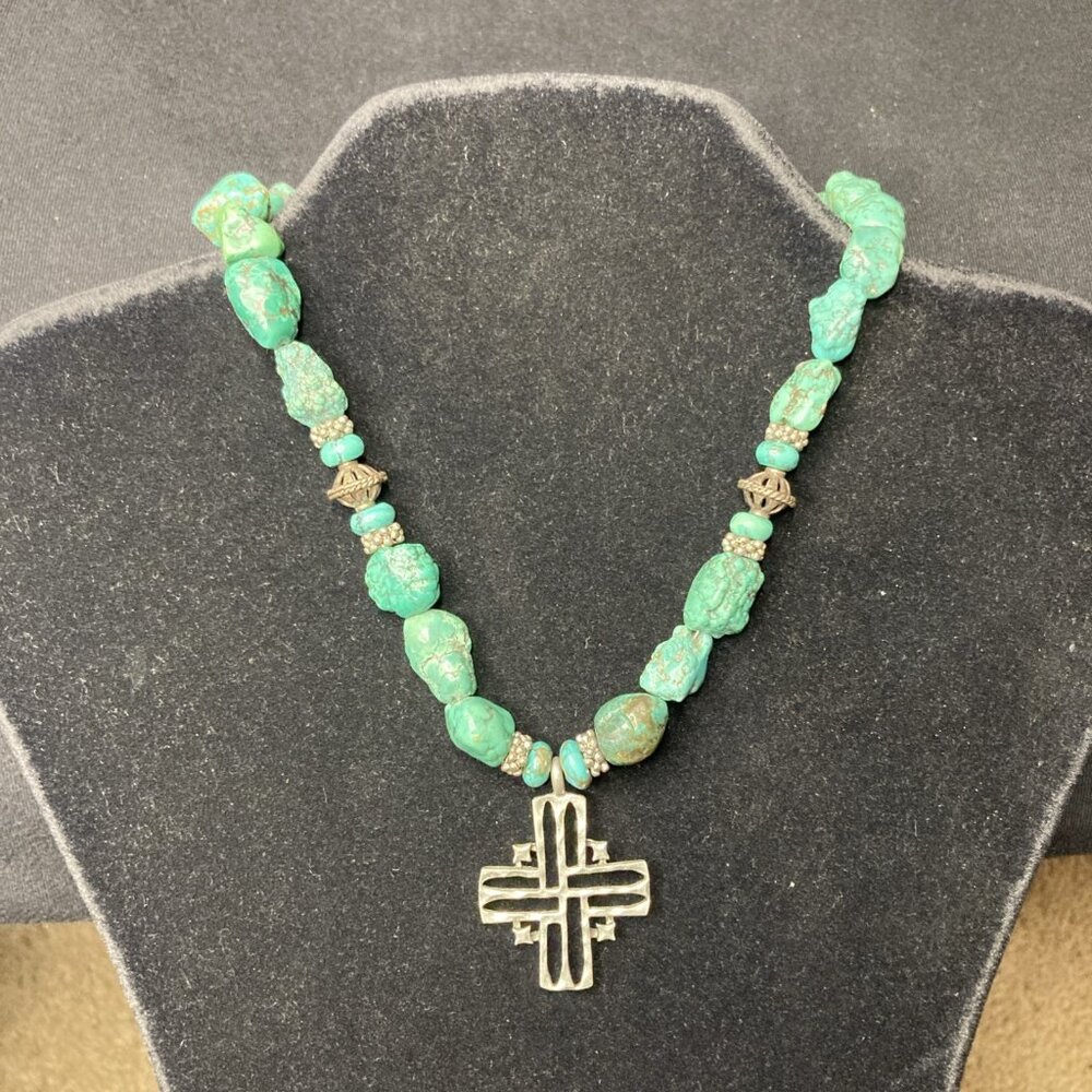 Sterling Silver And Turquoise Cross Necklace 16" Mildly Chunky